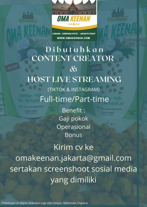 Lowongan Kerja Content Creator Host Live Streaming Di Oma Keenan