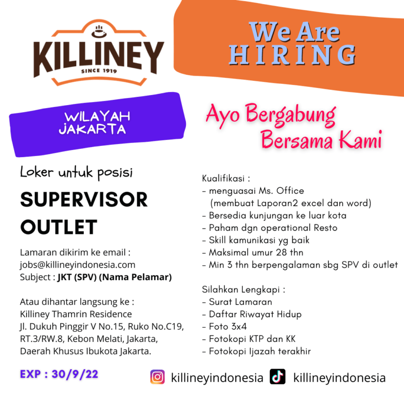 Lowongan Kerja Supervisor Outlet Di Killiney Indonesia JakartaKerja