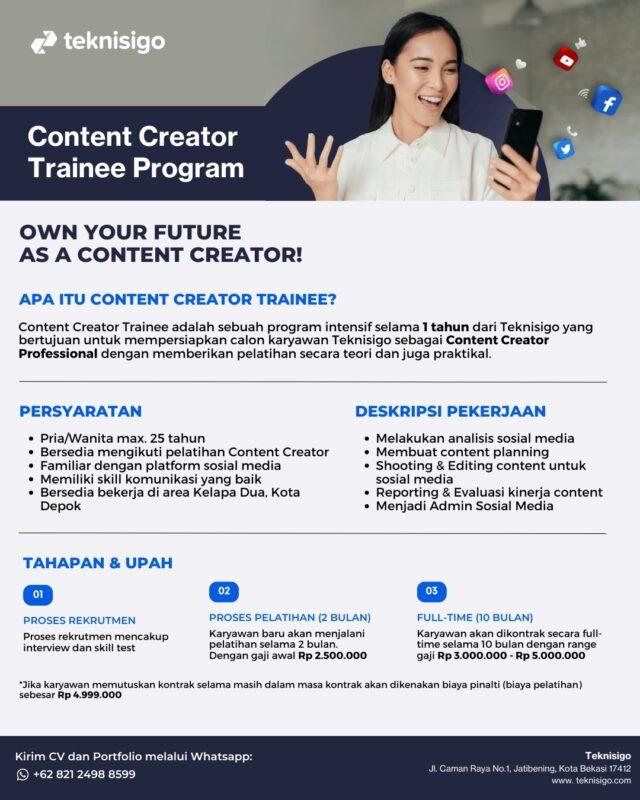 Lowongan Kerja Content Creator Trainee Program Di Teknisigo Jakartakerja