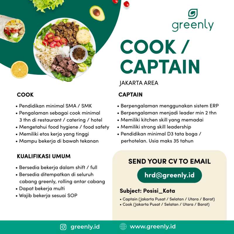 Lowongan Kerja Cook - Captain di Greenly - JakartaKerja