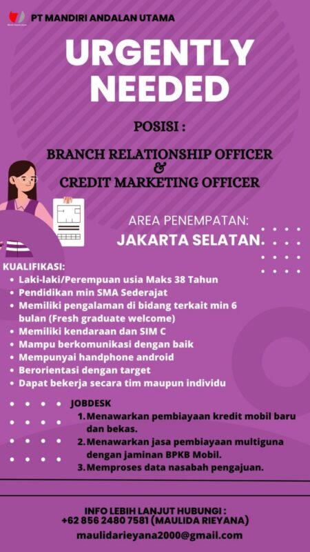 Lowongan Kerja Branch Relationship Officer Credit Marketing Officer Di Pt Mandiri Andalan