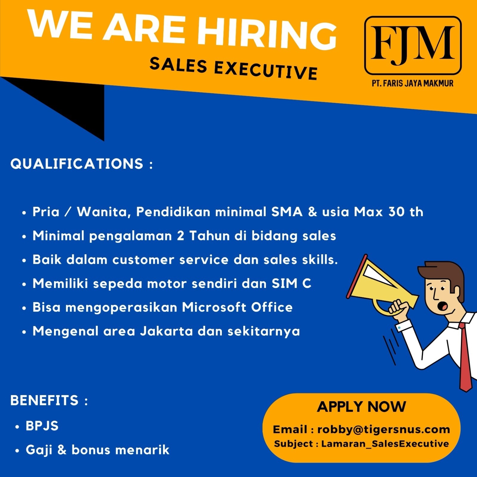 Lowongan Kerja Sales Executive Di PT. Faris Jaya Makmur - JakartaKerja