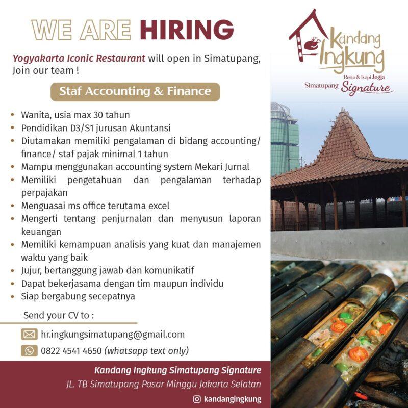 Lowongan Kerja staf logistik kasir waiter staf purchasing cook helper staff accounting finance di kandang ingkung simatupang