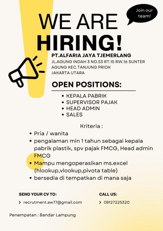 Lowongan Kerja Kepala Pabrik Supervisor Pajak Head Admin Sales Di Pt Alfaria Jaya