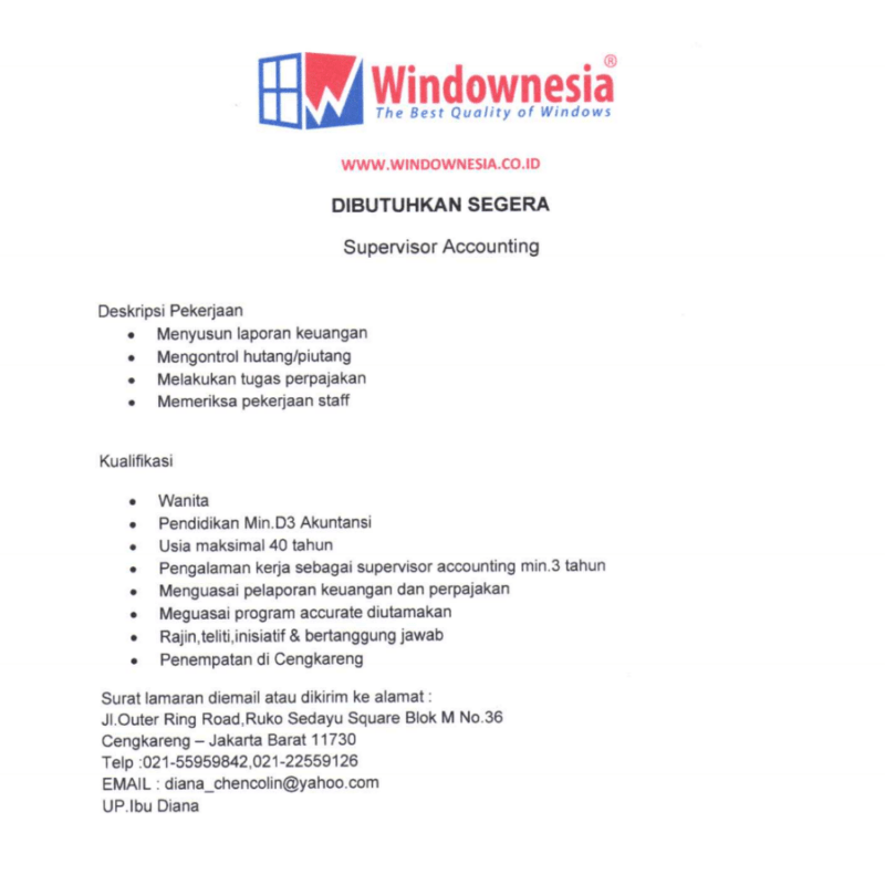 Lowongan Kerja supervisor accounting di pt podomoro windownesia